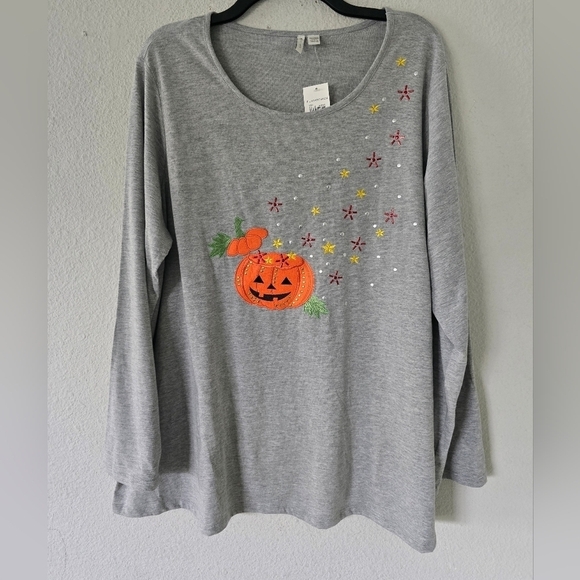Cato Sweatshirt Womens 18 Plus Gray Halloween Pumpkins Long Sleeve Festive - Picture 2 of 9